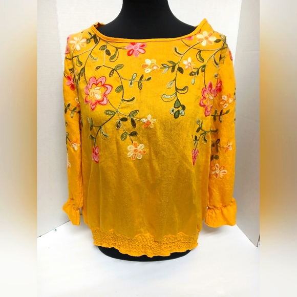 Sapphire Women's Floral Embroidered Yellow Pullover Top Size XL - Picture 1 of 9